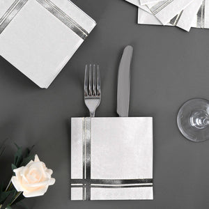 Silver on White Cocktail Napkins, 100 Pack