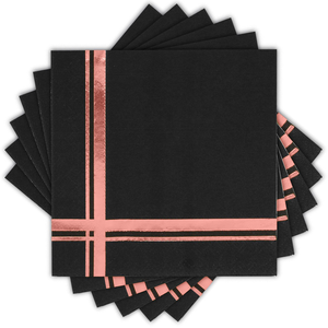 Rose Gold Foil Stripe Black Cocktail Napkins, 100 Pack