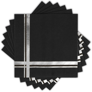 Silver Foil on Black Cocktail Napkins, 100 Pack